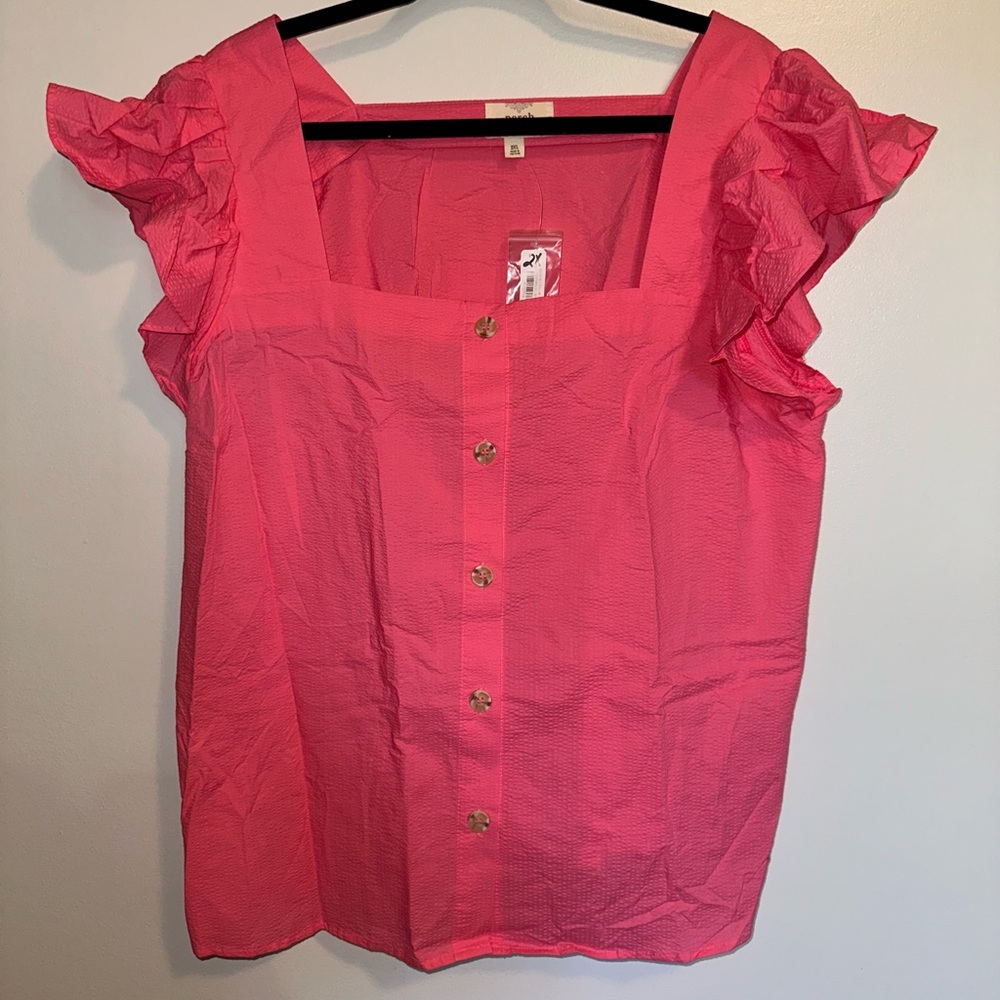 Blu Pepper Textured Bright Pink Square Neck Ruffle Sleeve Top size XXL